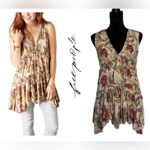 Free People Floral Hum-mingbird Haze Tiered Ruf-fle V-Neck Tunic Tank Swing Top